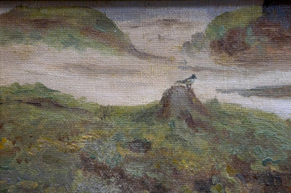 Oil painting of small black-and-white bird on rocky outcrop in Sergei Ivanovich Svetoslavsky river landscape