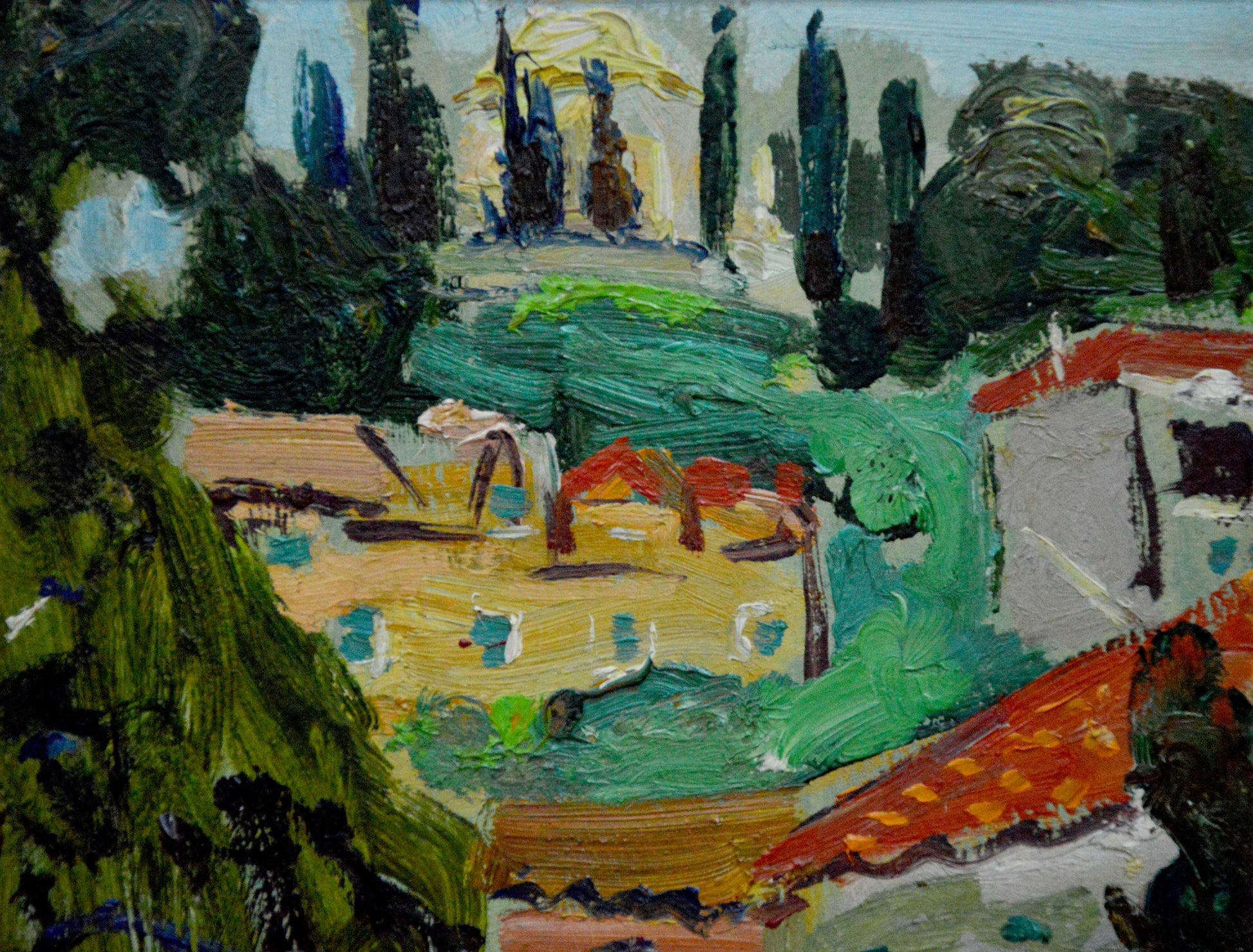 Vibrant impressionist oil painting by Glushchenko Nikolay Petrovich of sunlit Mediterranean village