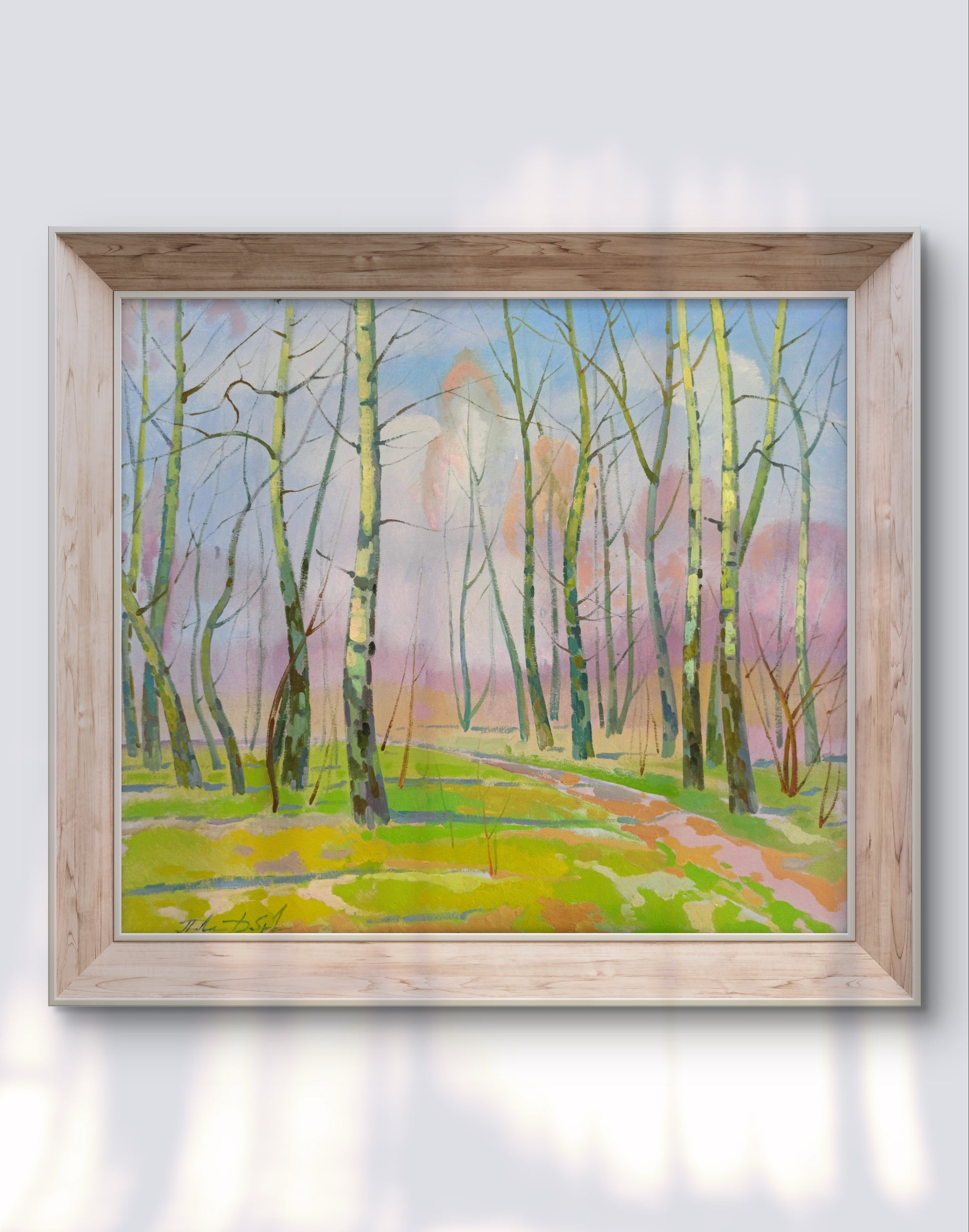 Watercolor forest scene in light wood frame by Peter Dobrev