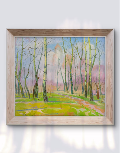Watercolor forest scene in light wood frame by Peter Dobrev