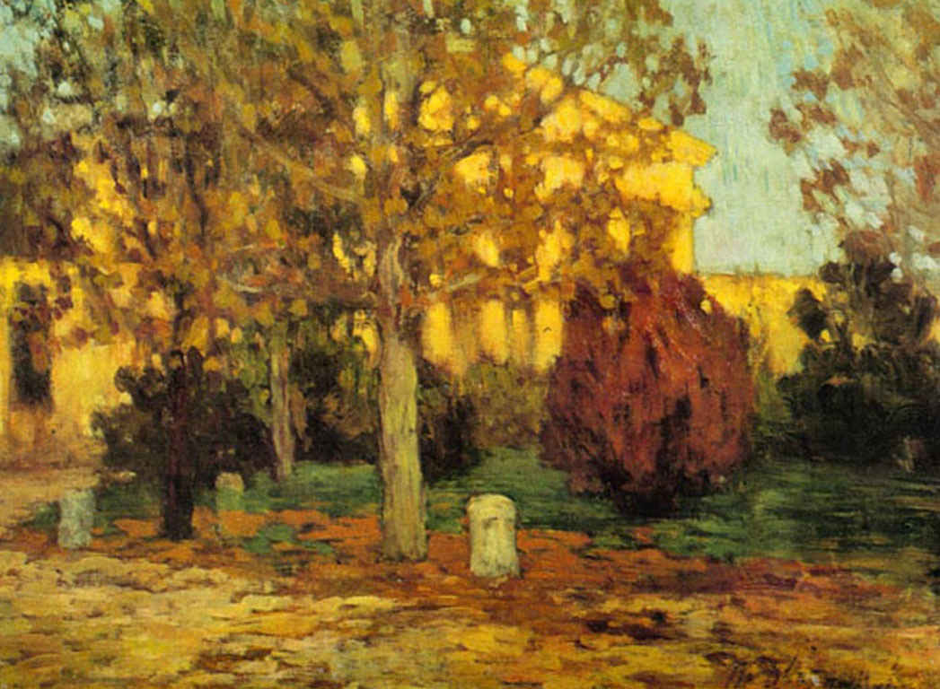 Tyt Dvornikov signed impressionistic oil painting of yellow house in autumn trees