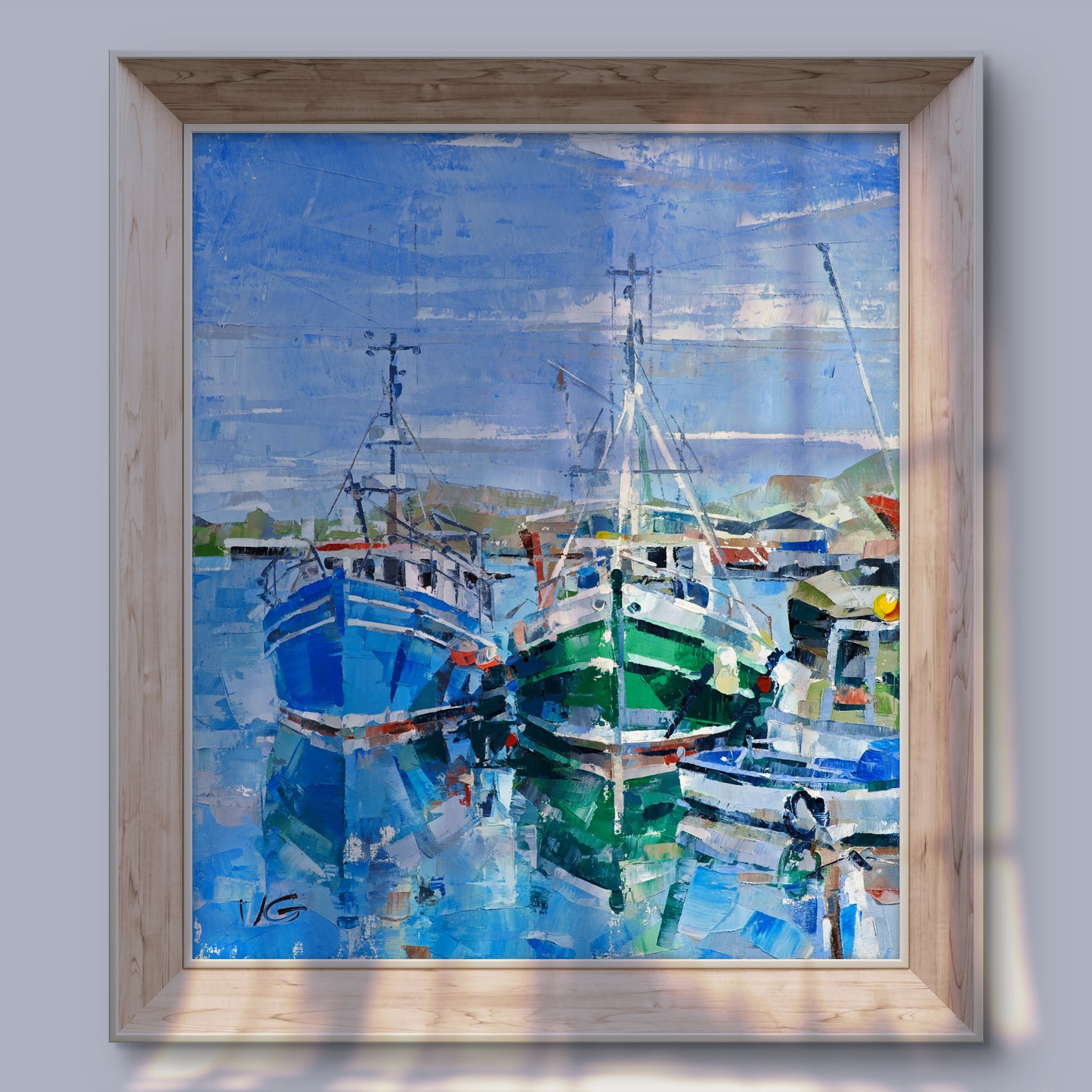 Framed Oil painting Andalusia by Volodymyr Gluhomanyuk, harbor boats