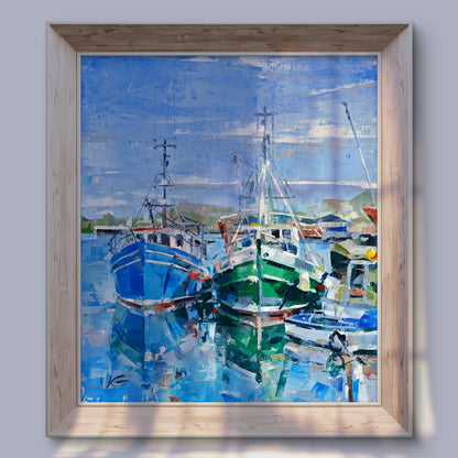 Framed Oil painting Andalusia by Volodymyr Gluhomanyuk, harbor boats