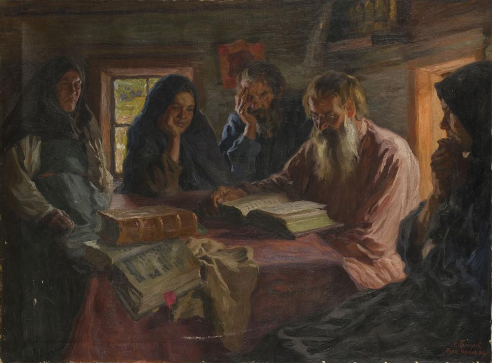 Museum-quality realist oil painting by Semen Prokhorov, Ukrainian school, open on table