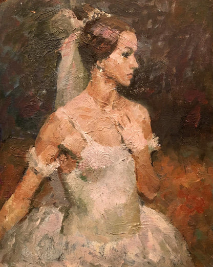 Oil painting portrait of bride in lace gown by Gorshkov Nikolay Dorofeevich