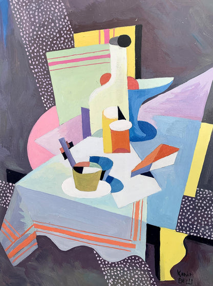Abstract oil painting of white bottle with black cap amid colorful geometric shapes on tablecloth, Bella Kadar style by Victor Konotopsky
