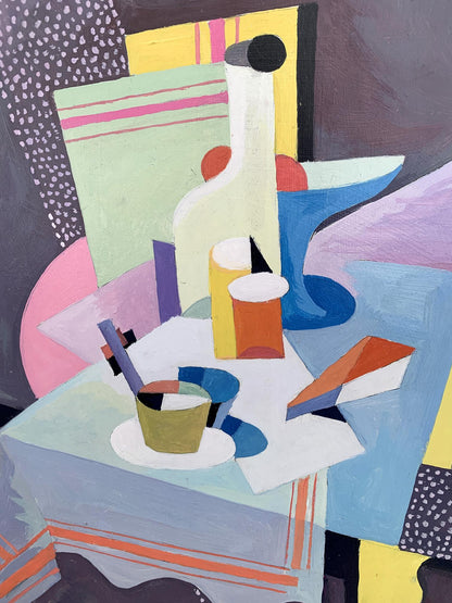 Abstract white bottle with black cap in Bella Kadar style oil painting set table