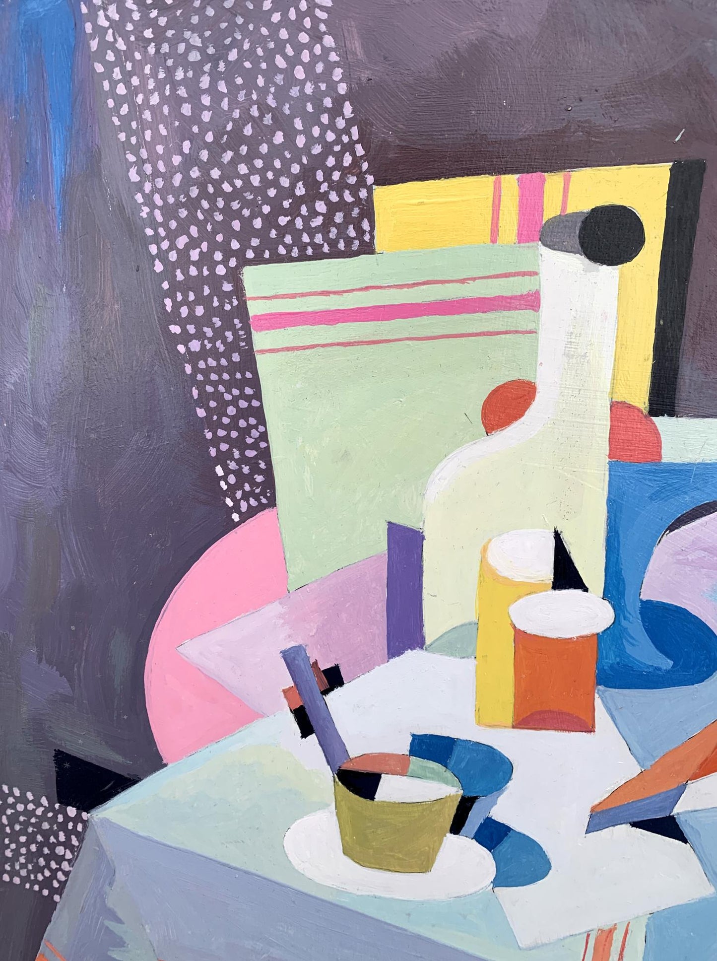Abstract white bottle with black cap and pink stripes, Bella Kadar style set table