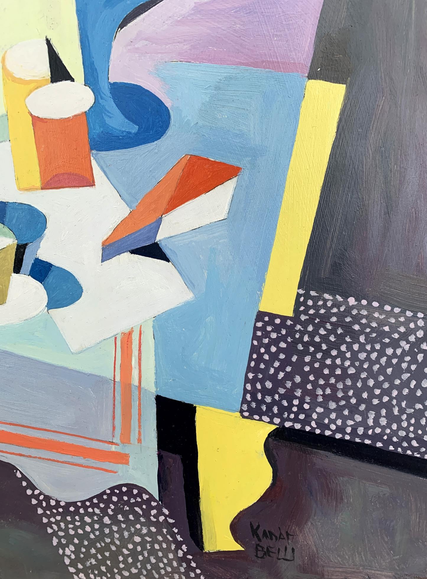 Abstract Bella Kadar style oil painting set table in bold blue geometric shapes