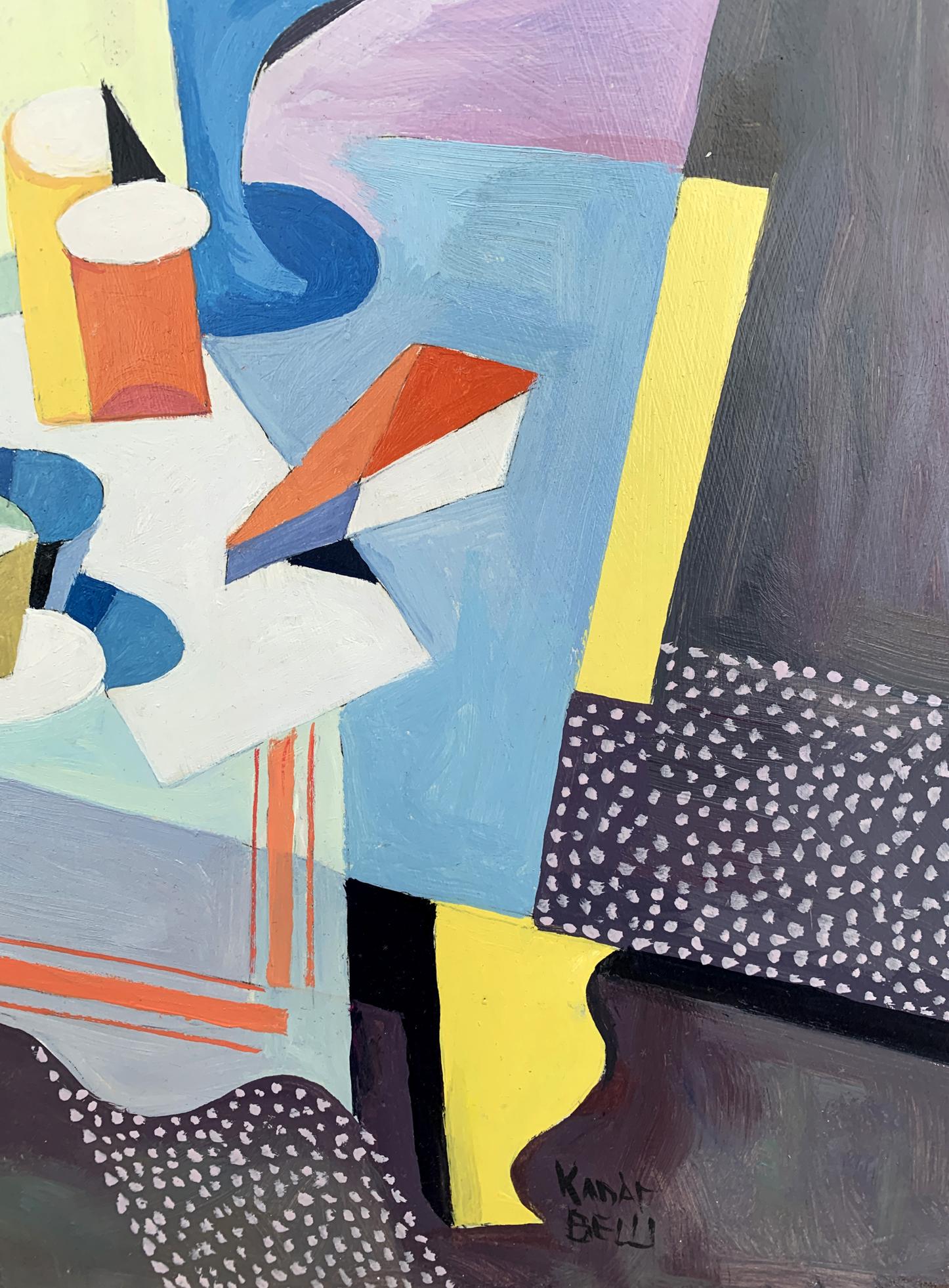Abstract Bella Kadar style oil painting set table in bold blue geometric shapes