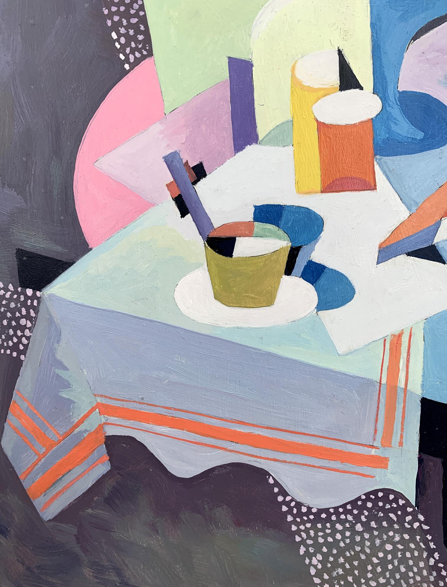 Vibrant abstract oil painting of geometric table by Bella Kadar style