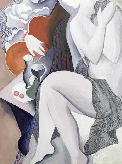 Stylized abstract oil painting of woman in white gray tones by Victor Konotopsky