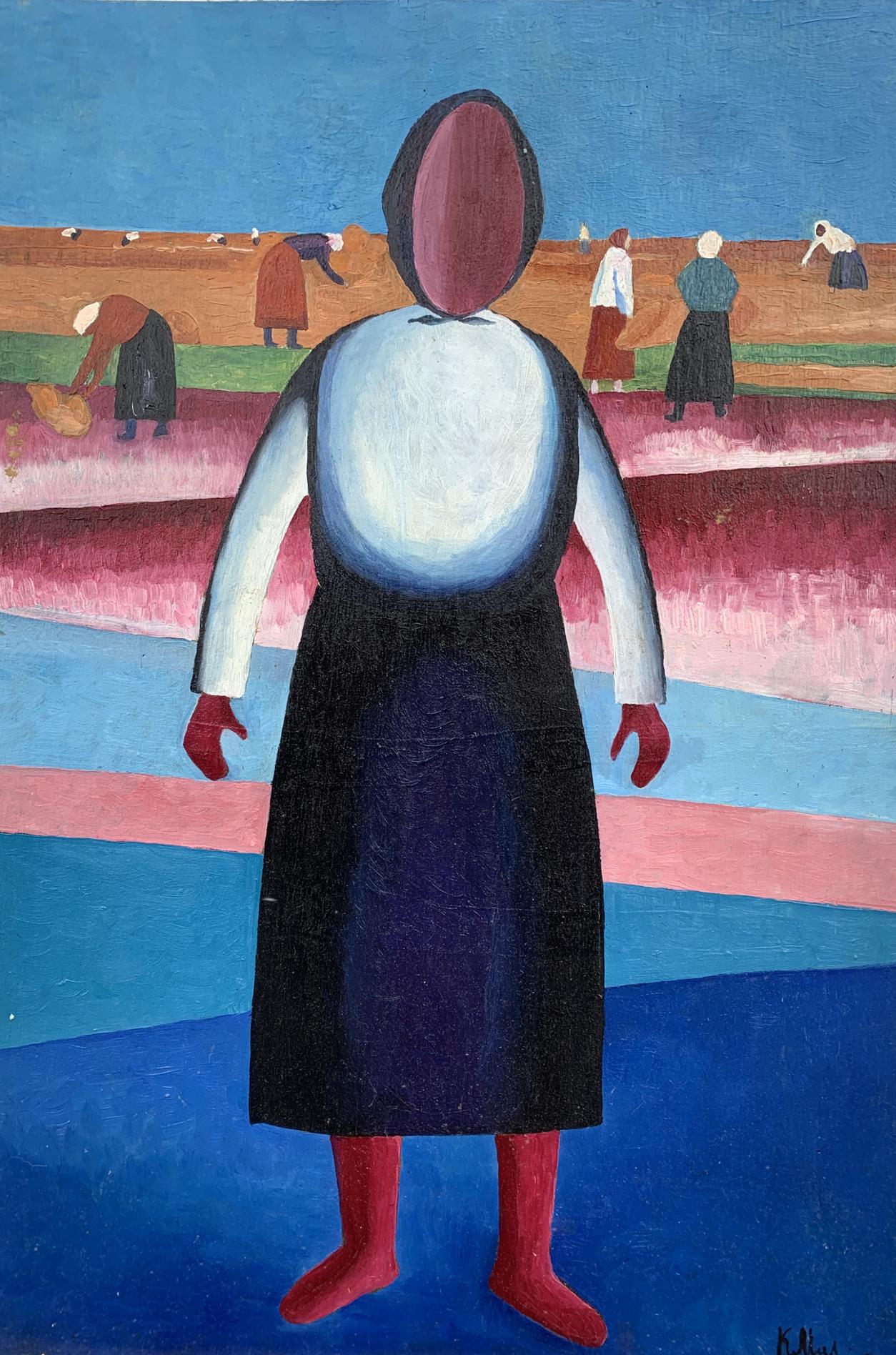 Abstract oil portrait of girl in black dress, red boots by Victor Konotopsky, Malevich style