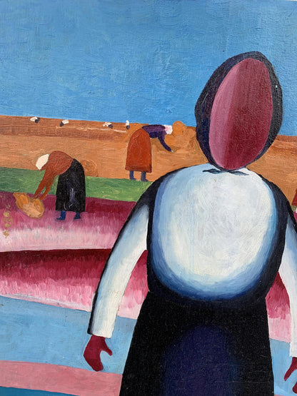 Abstract oil portrait of girl in black dress, red headscarf, Malevich style