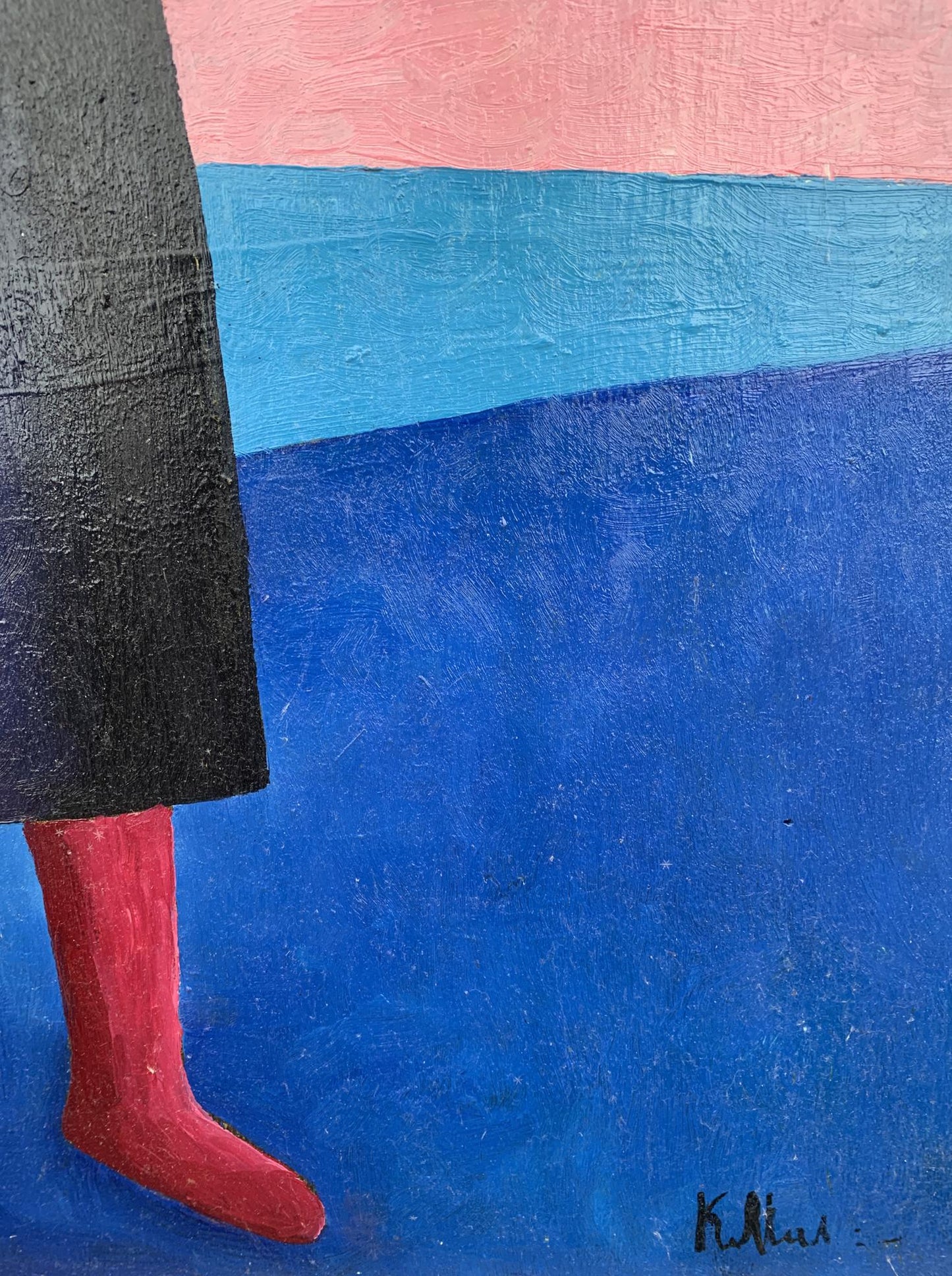 Abstract oil portrait of girl in black with red boots by Victor Konotopsky