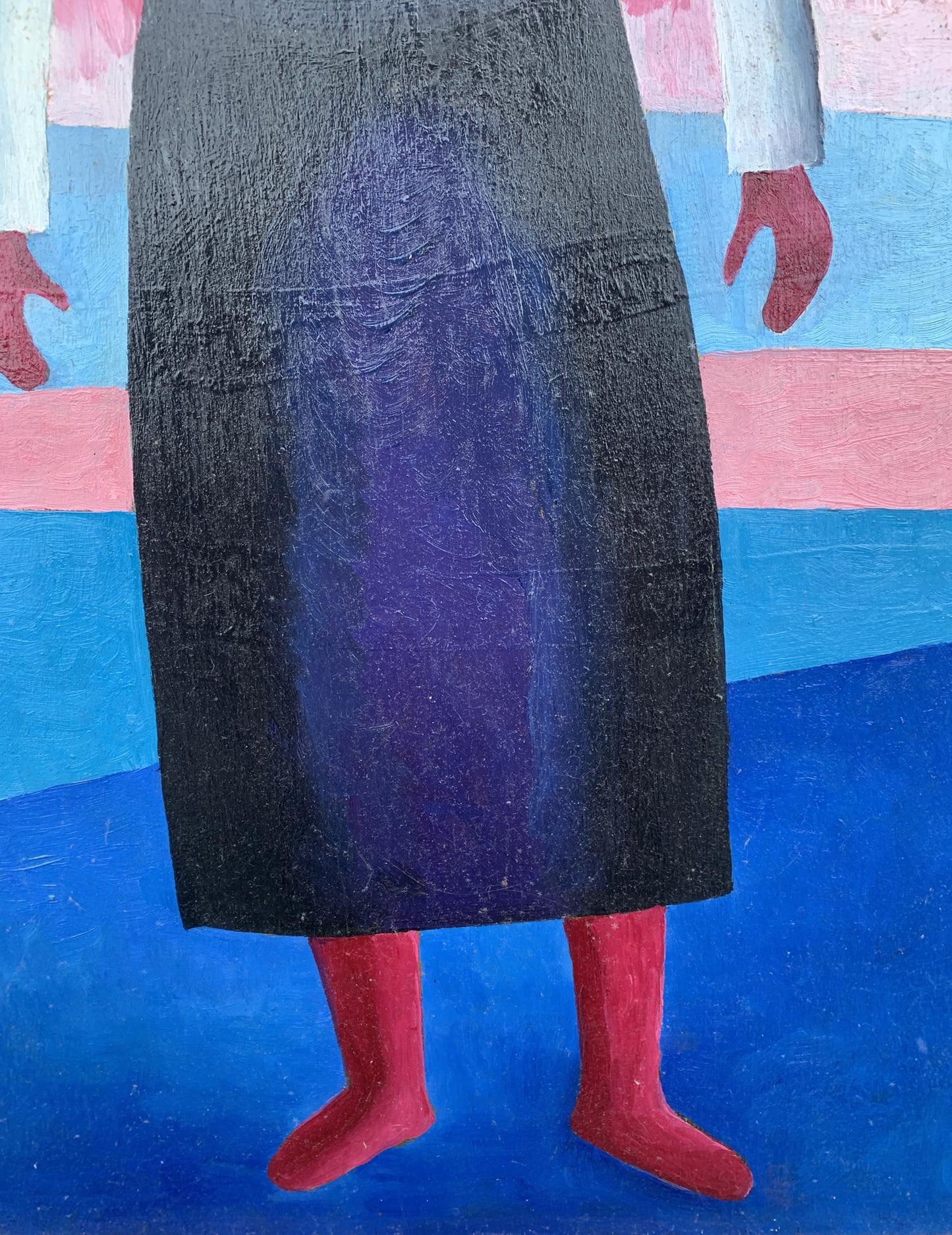 Abstract oil portrait of girl as textured black skirt with purple gradient, Malevich style
