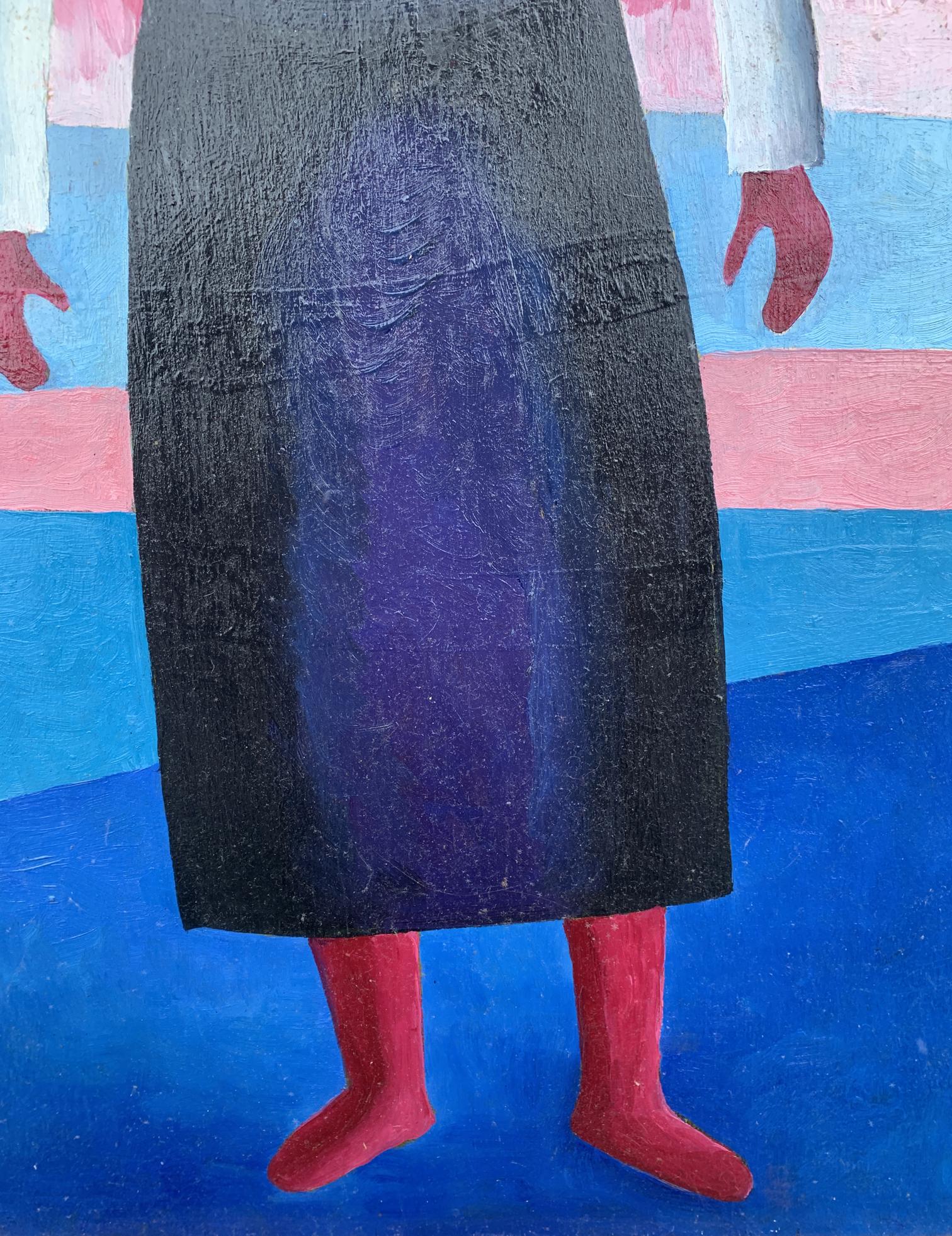 Abstract oil portrait of girl as textured black skirt with purple gradient, Malevich style