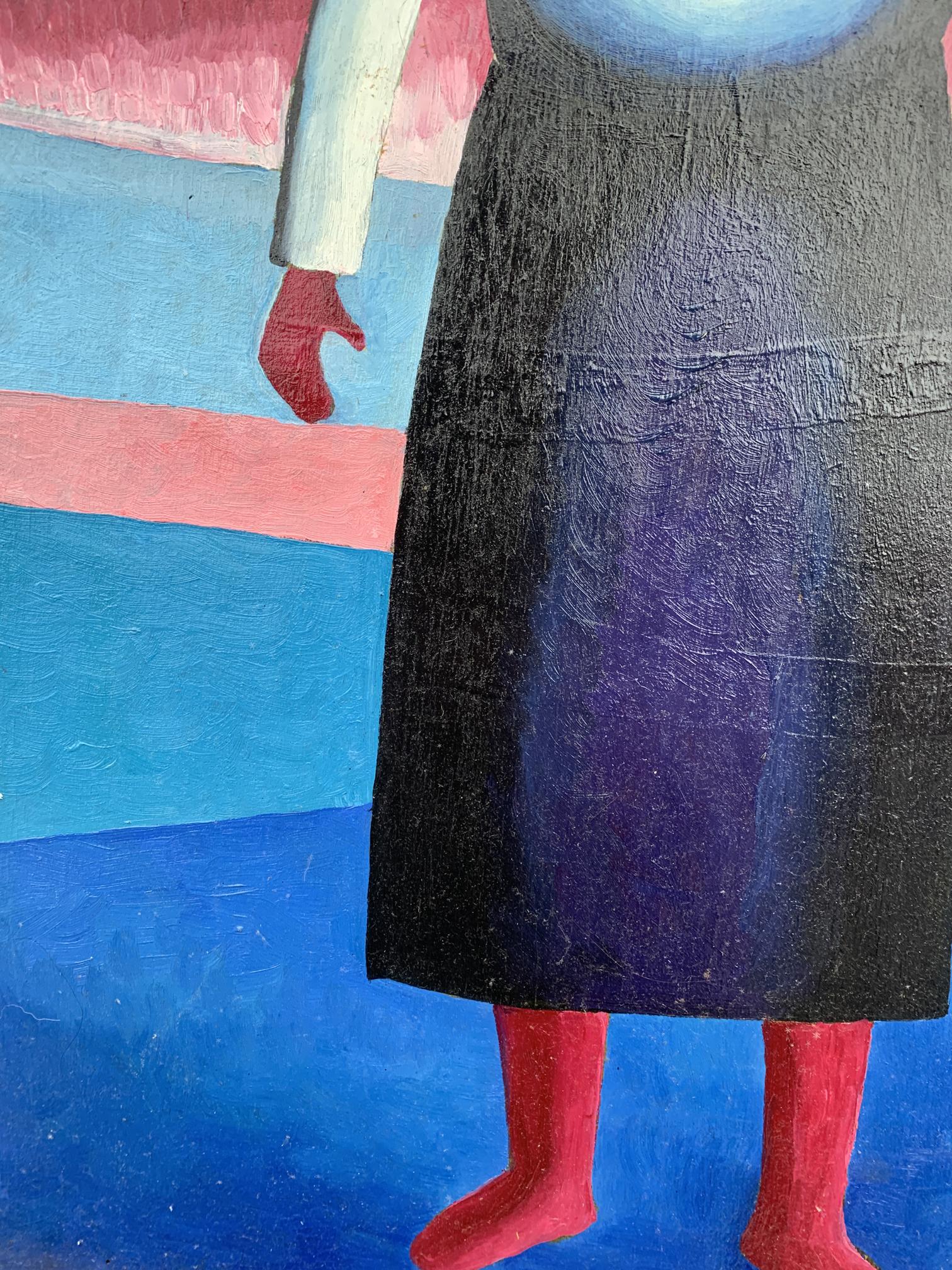 Abstract oil painting portrait of girl in textured black purple gradient skirt by Victor Konotopsky, Kazimir Malevich style