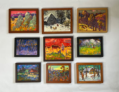 Set of nine framed impressionistic landscape paintings for wholesale