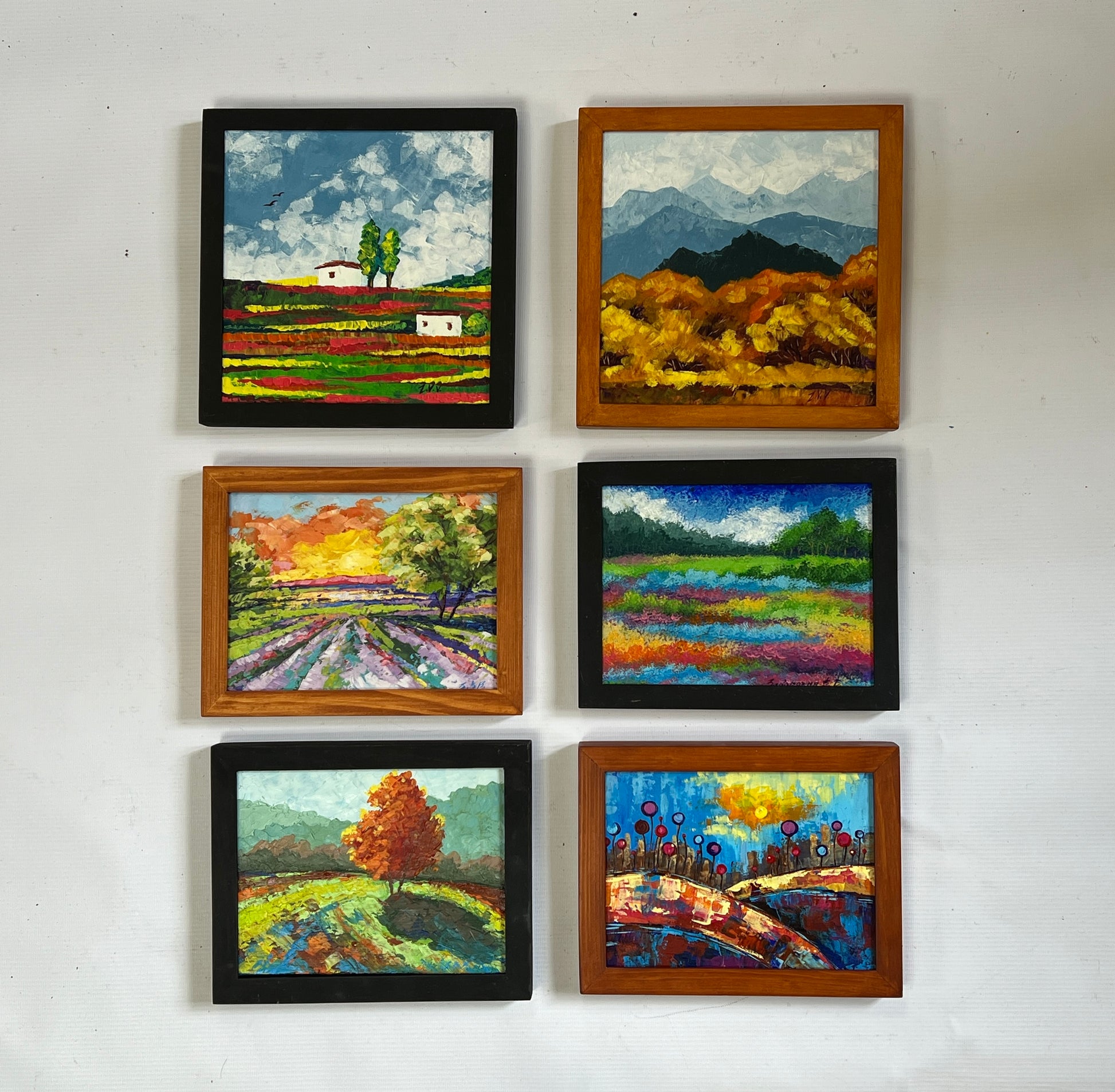Set of 6 square framed landscape paintings for wholesale