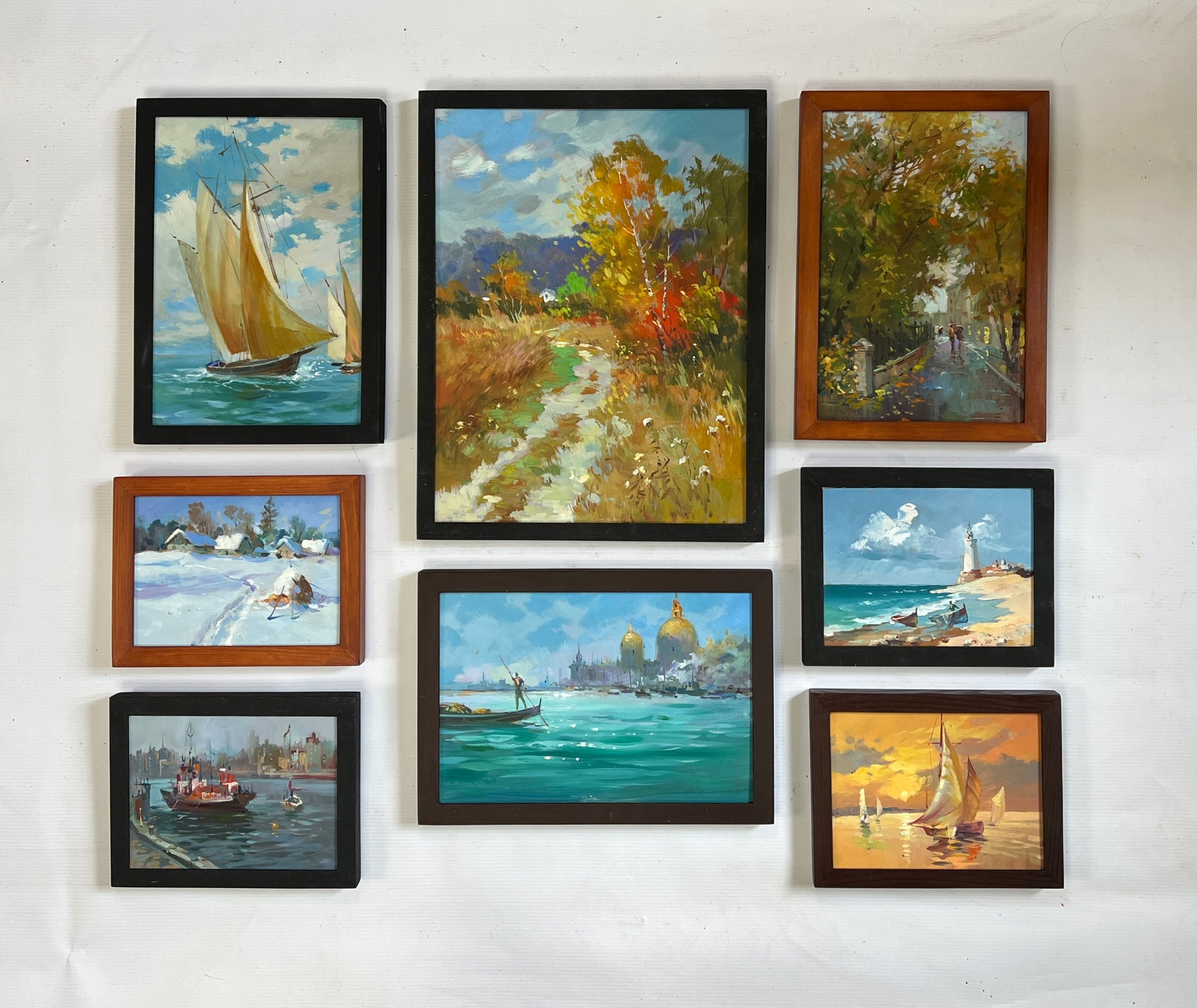 Set of 8 framed impressionistic landscape and maritime oil paintings for wholesale