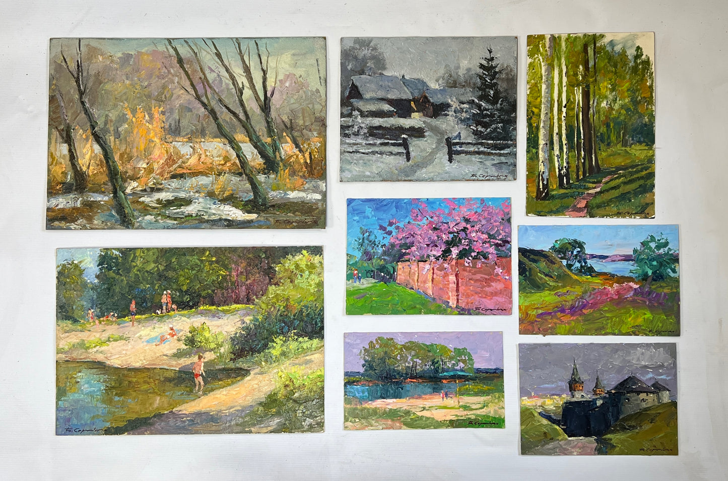 Set of 7 oil paintings on canvas of rural natural scenes for wholesale