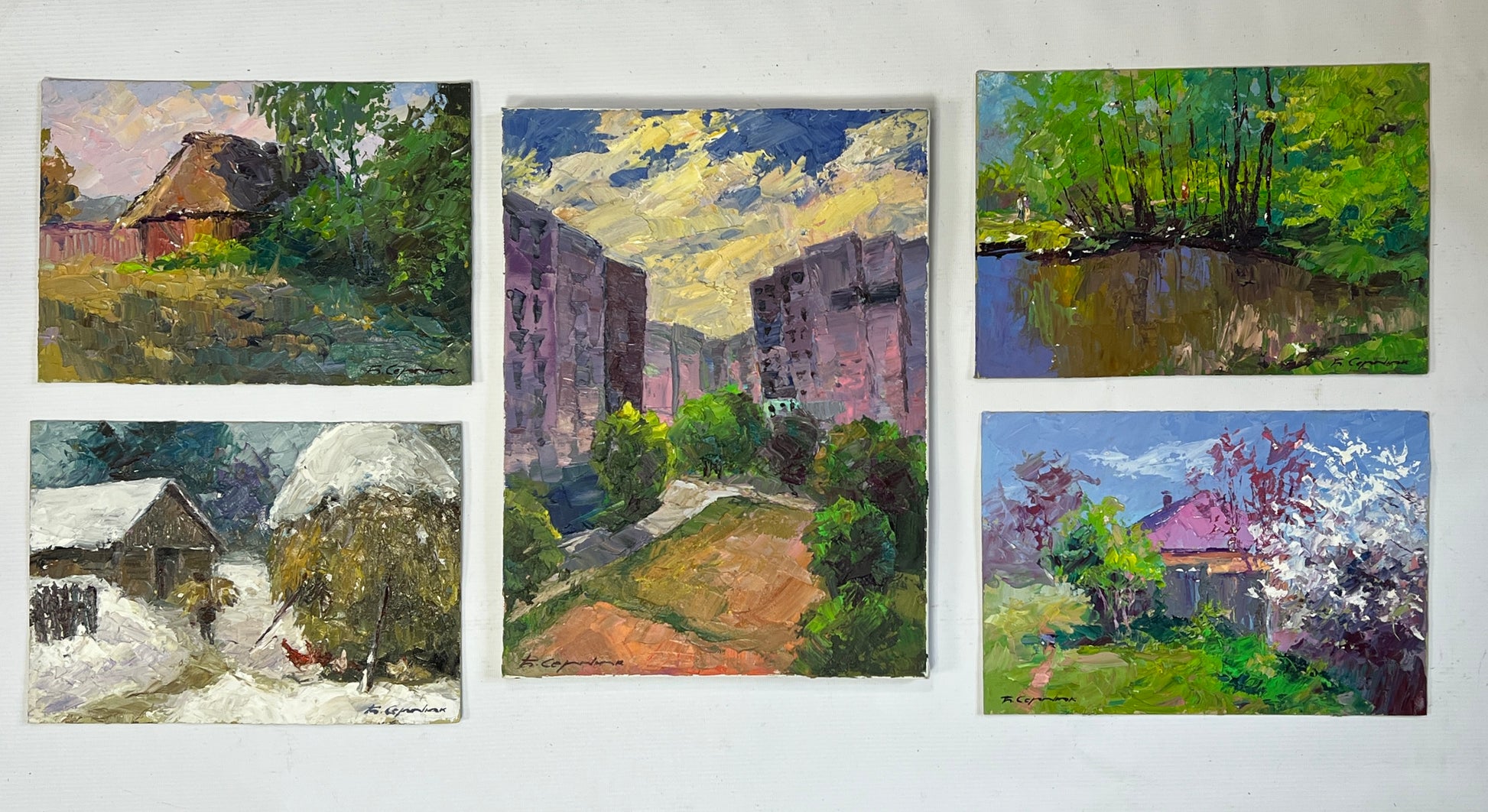 Five framed oil paintings of rural urban landscapes in seasons for wholesale