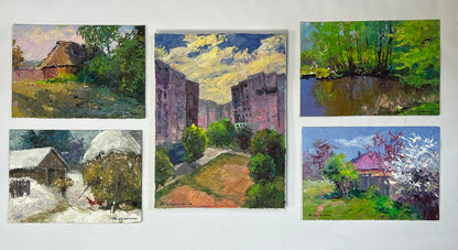 Five framed oil paintings of rural urban landscapes in seasons for wholesale