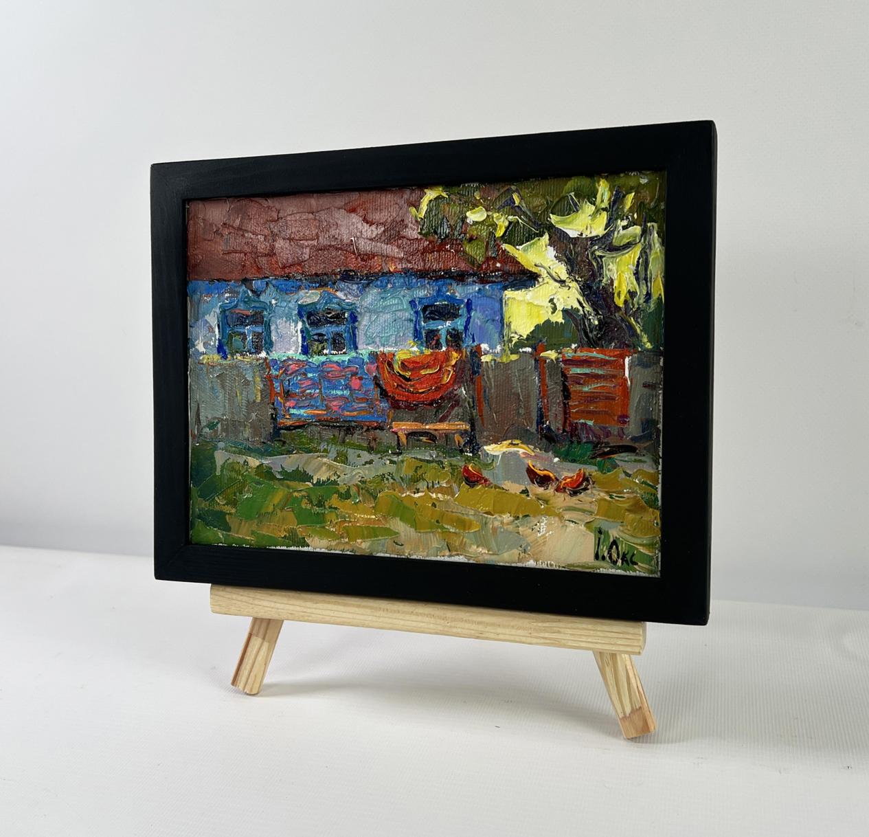 Oil painting Evening has come by Oksana Ivanyuk: rustic blue house