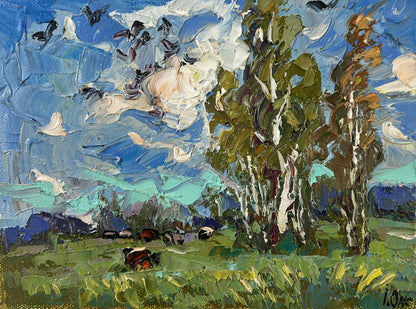Oil painting Cold summer wind by Oksana Ivanyuk with blue skies and green trees