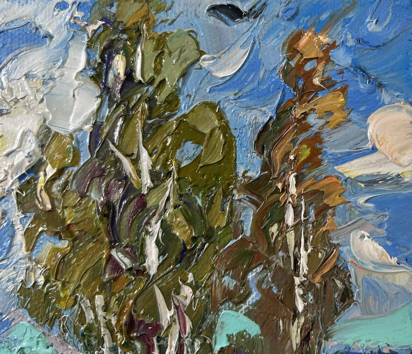 Oil painting Cold summer wind by Oksana Ivanyuk with green foliage and blue sky