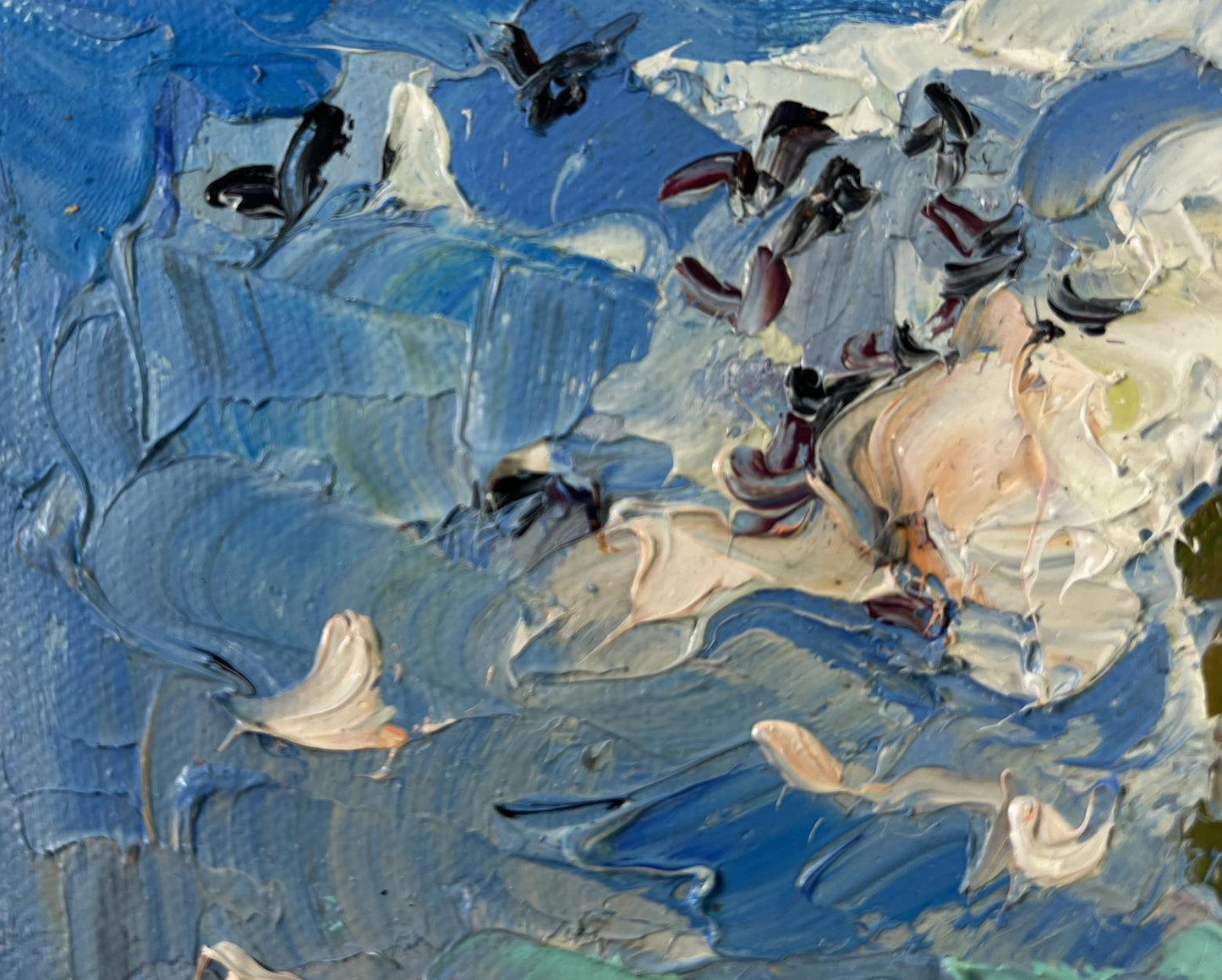 Oil painting Cold summer wind by Oksana Ivanyuk with blue strokes and birds