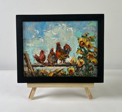Oil painting Morning rooster crowing by Oksana Ivanyuk with chickens on fence