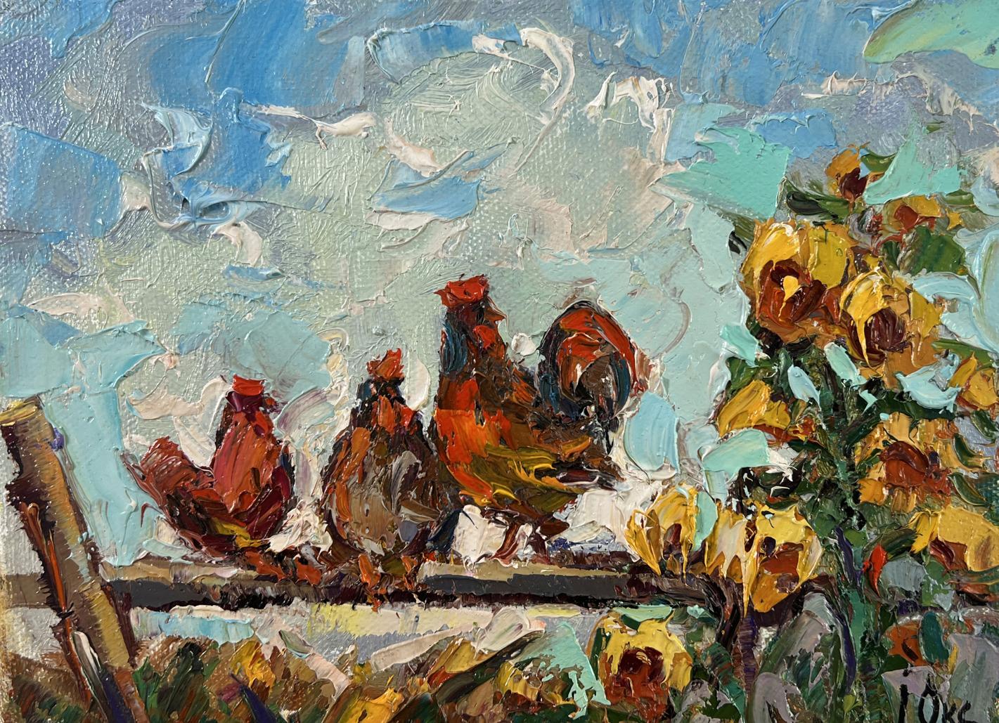 Vibrant impressionist oil painting of morning rooster crowing by Oksana Ivanyuk