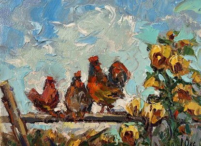 Vibrant impressionist oil painting of morning rooster crowing by Oksana Ivanyuk