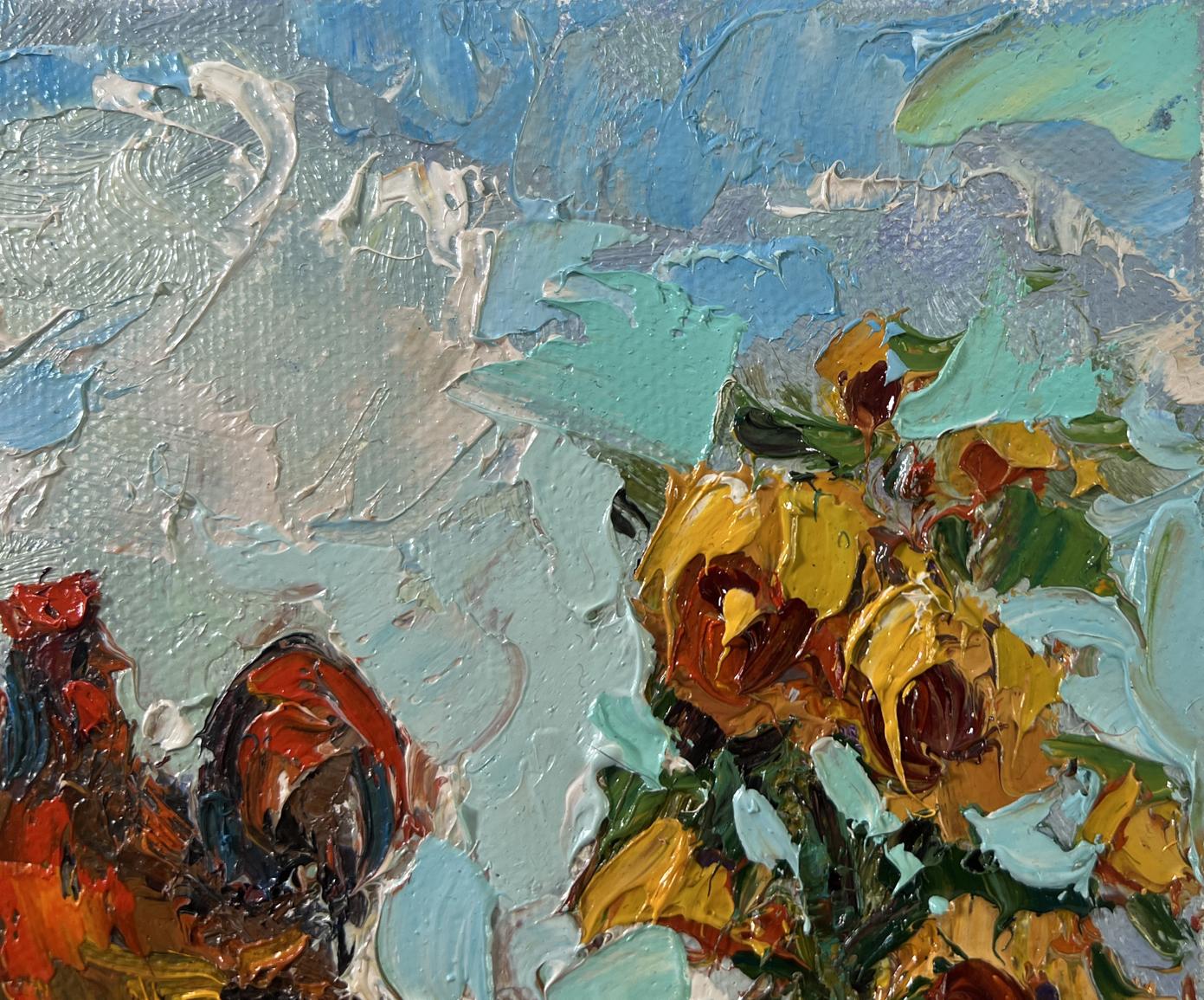 Vibrant impressionist oil painting of morning rooster crowing by Oksana Ivanyuk