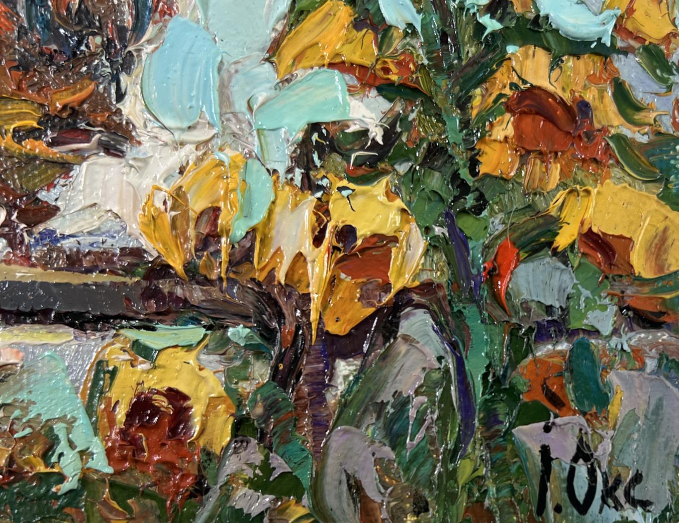 Vibrant impressionist oil painting of morning rooster crowing by Oksana Ivanyuk