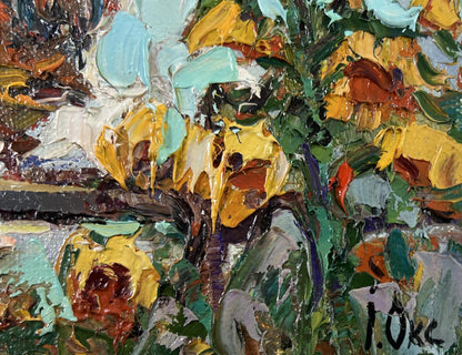 Vibrant impressionist oil painting of morning rooster crowing by Oksana Ivanyuk