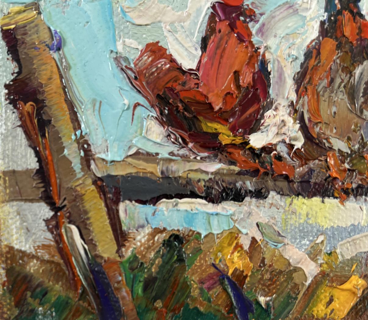 Vibrant impressionist oil painting of morning rooster crowing by Oksana Ivanyuk