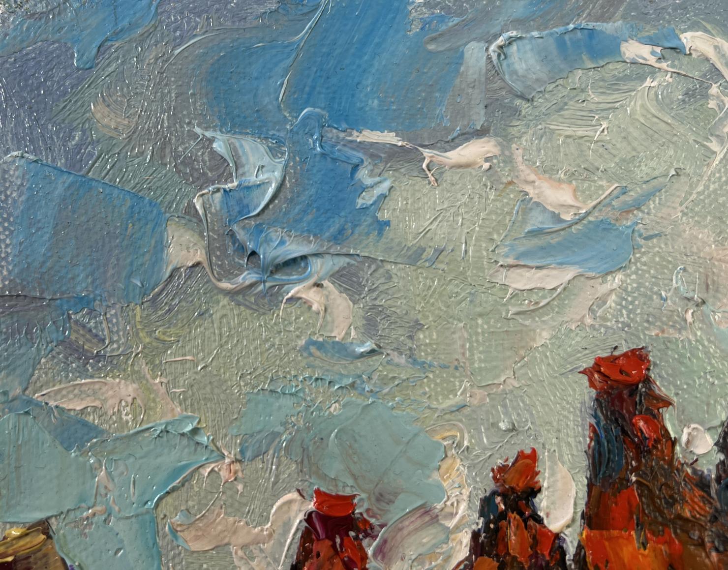 Oil painting Morning rooster crowing by Oksana Ivanyuk with blue gray strokes