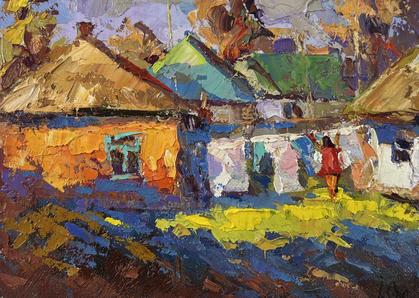 Vibrant impressionist oil painting of sunny village by Oksana Ivanyuk