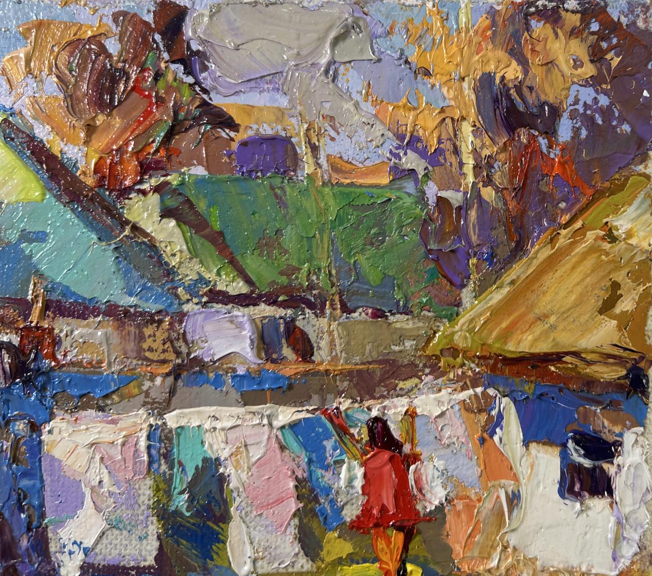 Oil painting of sunny country day with red figure by Oksana Ivanyuk