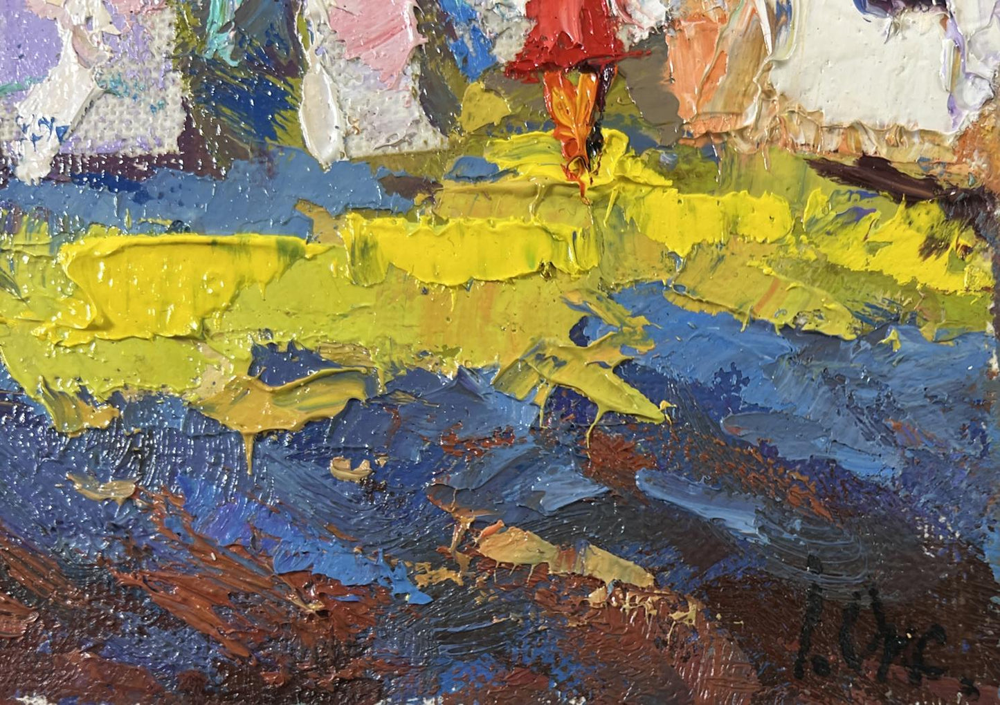 Oil painting A sunny country day by Oksana Ivanyuk with vibrant yellow blue brushstrokes