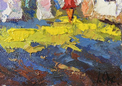 Oil painting A sunny country day by Oksana Ivanyuk with vibrant yellow blue brushstrokes
