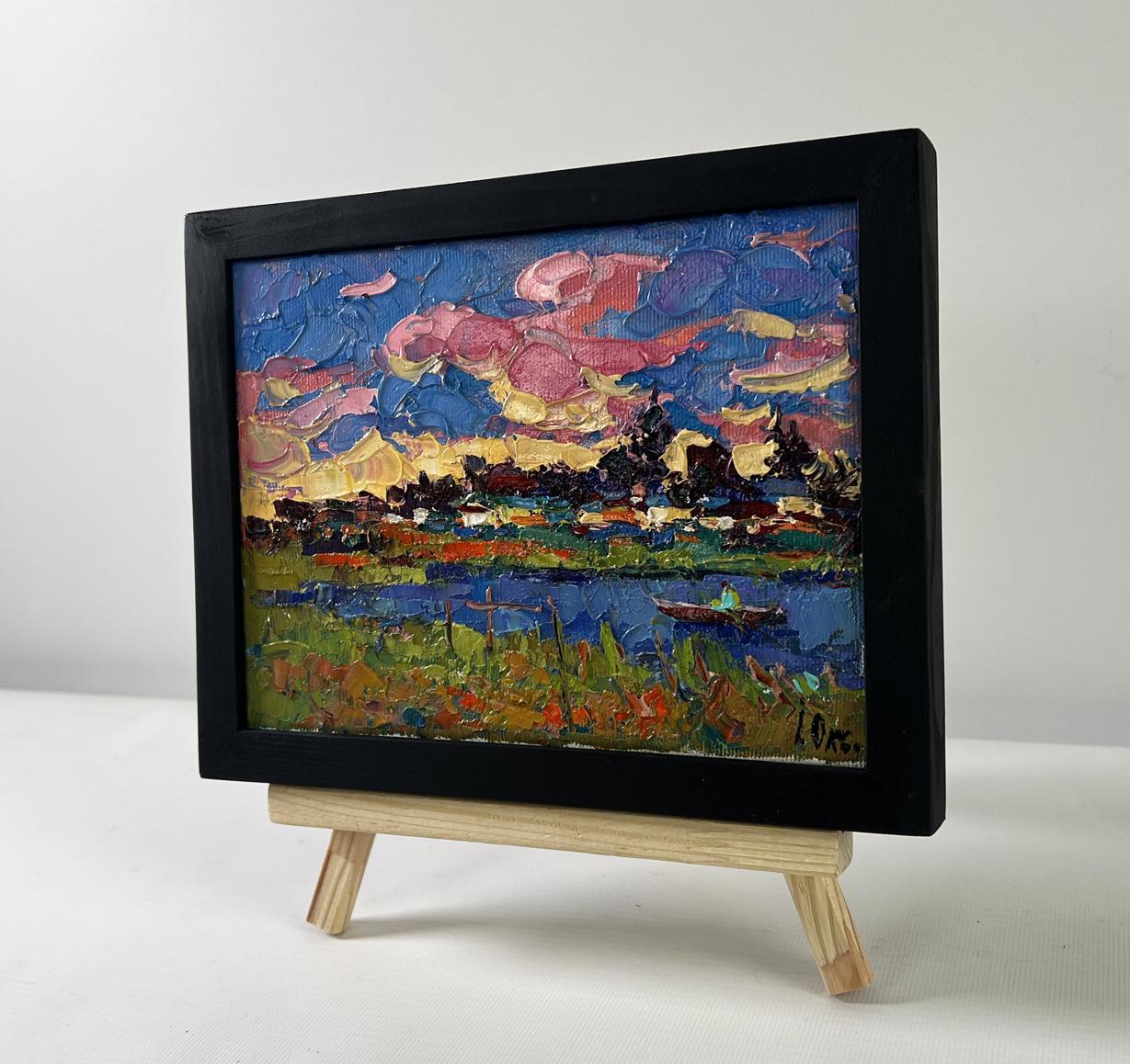Vibrant impressionist oil painting by Oksana Ivanyuk: sunset over water in black frame