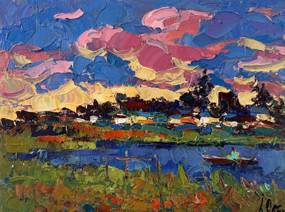 Vibrant impressionist oil painting of sunset over water by Oksana Ivanyuk