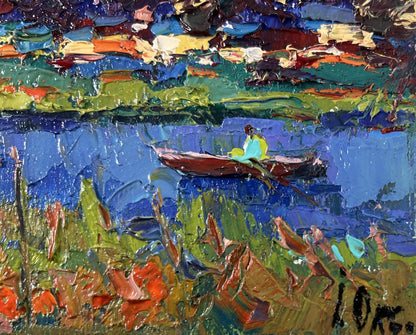Vibrant oil painting by Oksana Ivanyuk: red boat on blue water amid orange flowers