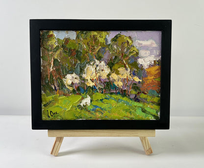 Vibrant impressionist oil painting Thorns are blooming by Oksana Ivanyuk in black frame