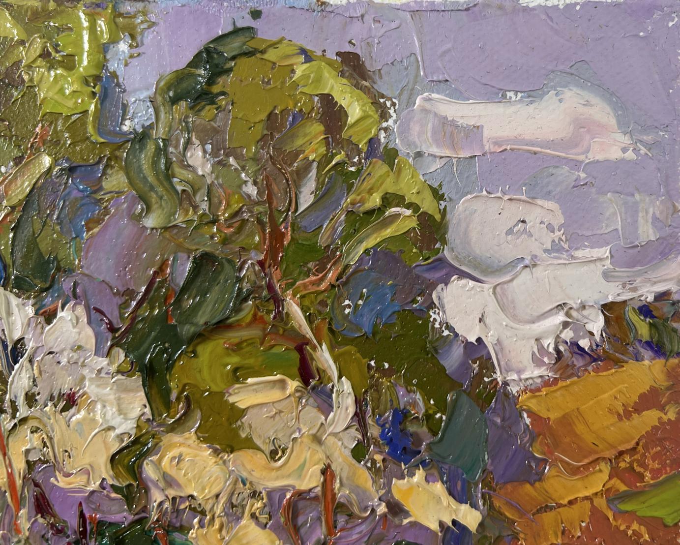 Oil painting Thorns are blooming by Oksana Ivanyuk textured tree in lavender sky