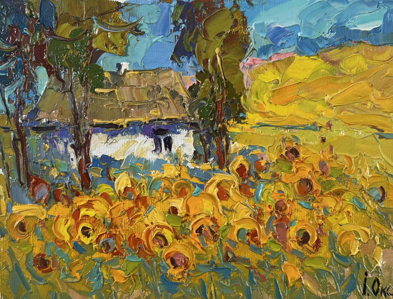 Vibrant impressionist oil painting of Oksana Ivanyuk lush sunny sunflower fields